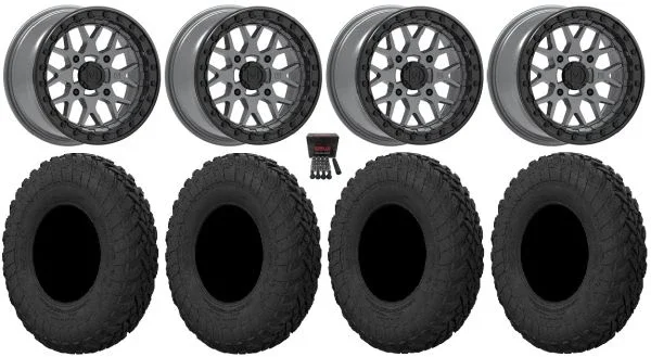 Valor V07 Beadlock 15″ Wheels Graphite 32″ Gripper R/T Tires Kawasaki Teryx Mule
