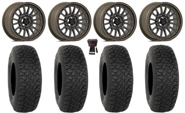 Valor V14 15″ Wheels Root Beer 33″ DX440 Tires Polaris RZR Turbo R & Pro R Ranger 1500 Xpedition