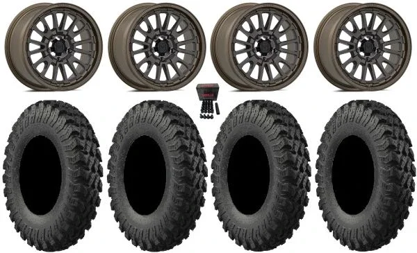 Valor V14 15″ Wheels Root Beer 33″ MotoRally Tires Polaris RZR Turbo R & Pro R Ranger 1500 Xpedition